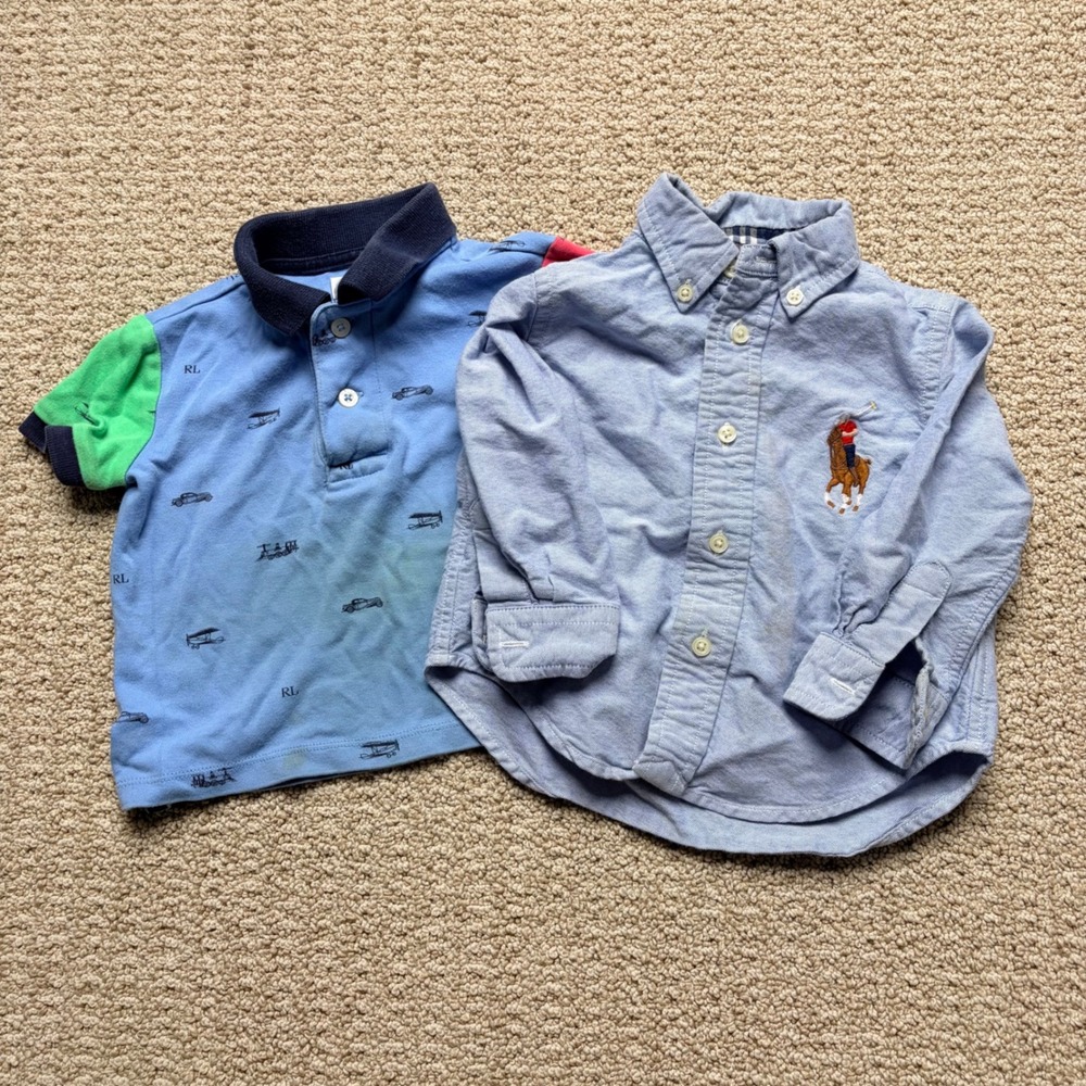 Ralph Lauren Boys 12M Blue Polo & Button Down Shirt Bundle Vintage Print Stained